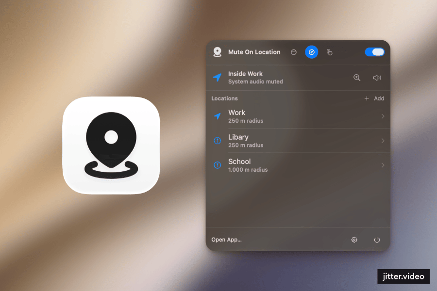 Mute On Location zeigt den aktuellen Standortstatus und gespeicherte Orte in einer macOS-Menüleisten-App