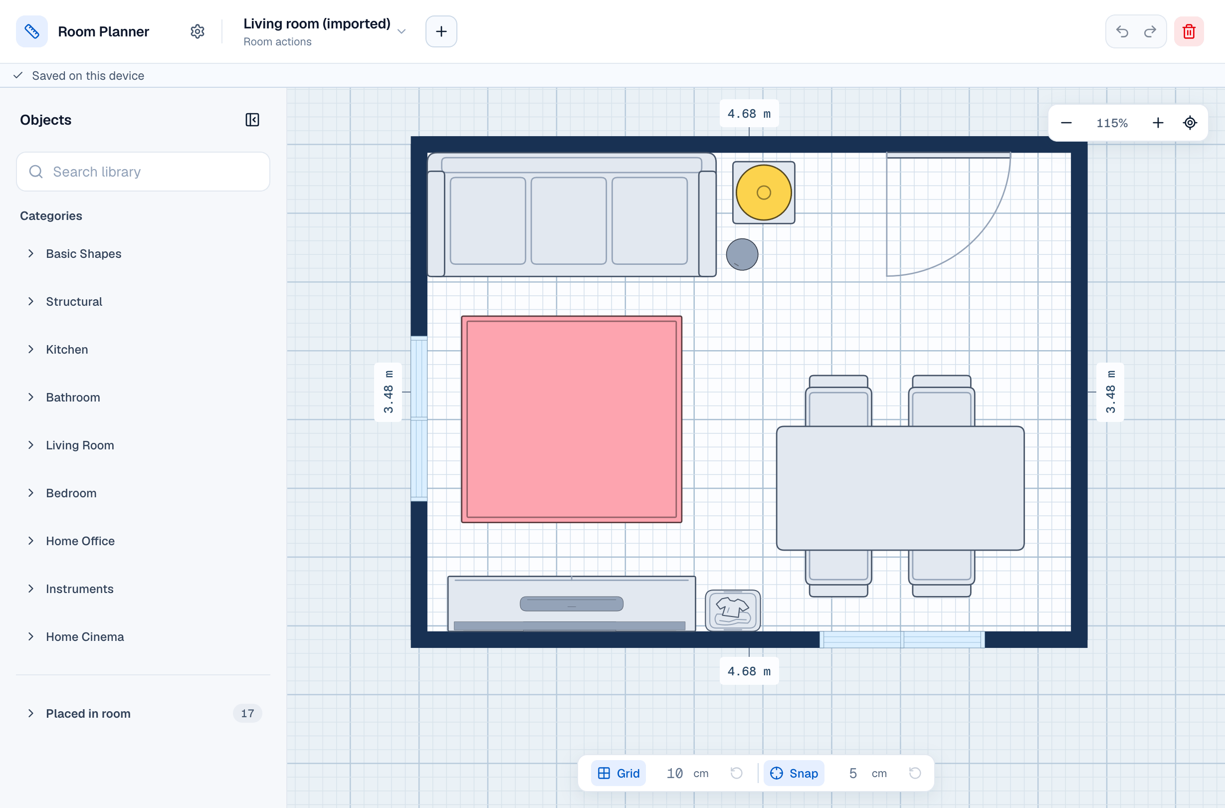 Room Planner floor plan showing a furnished room layout